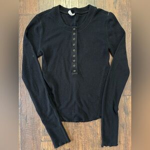 Free People Black Long Sleeve Waffle Henley Top
